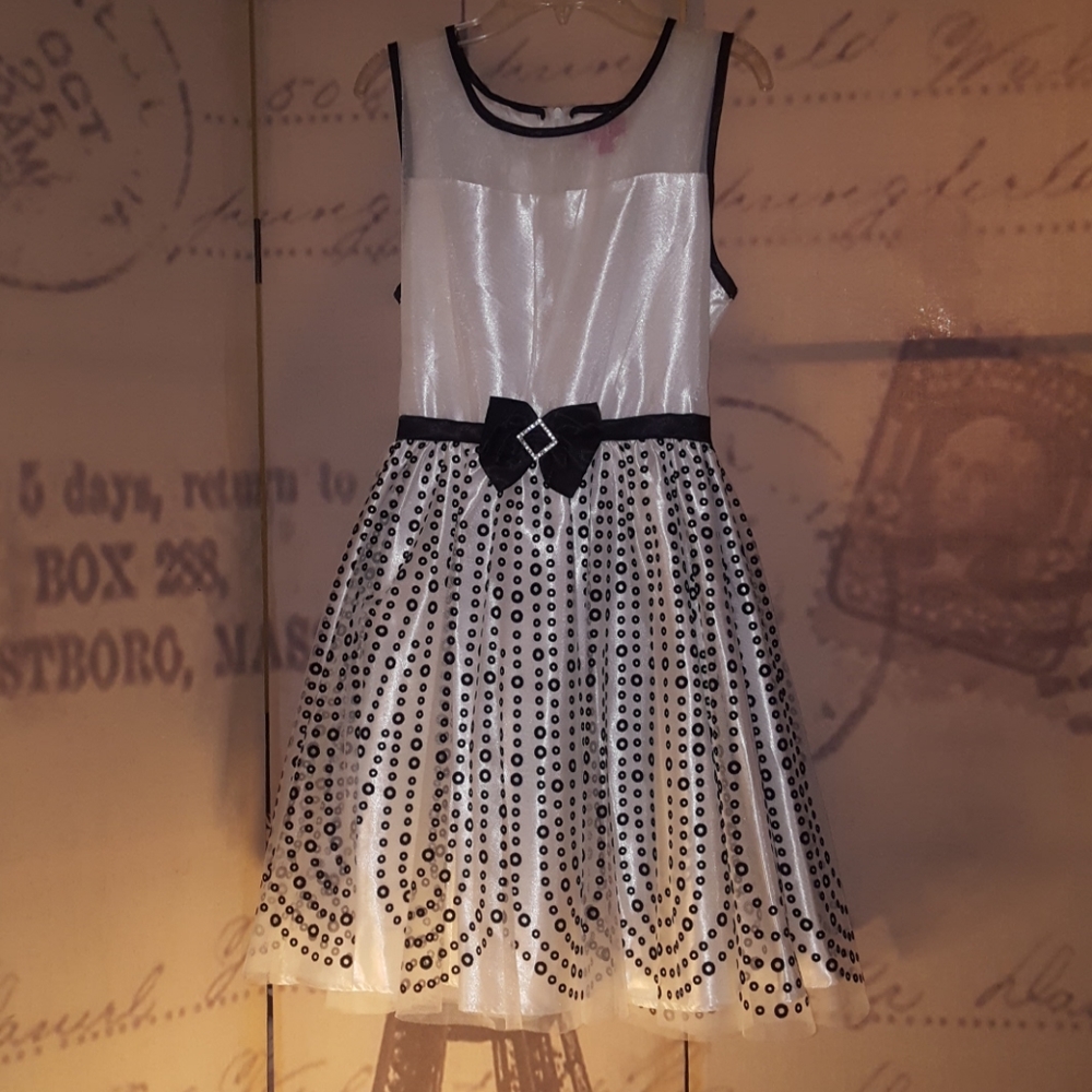 Girl's Formal White and Black Polka-dot Dress